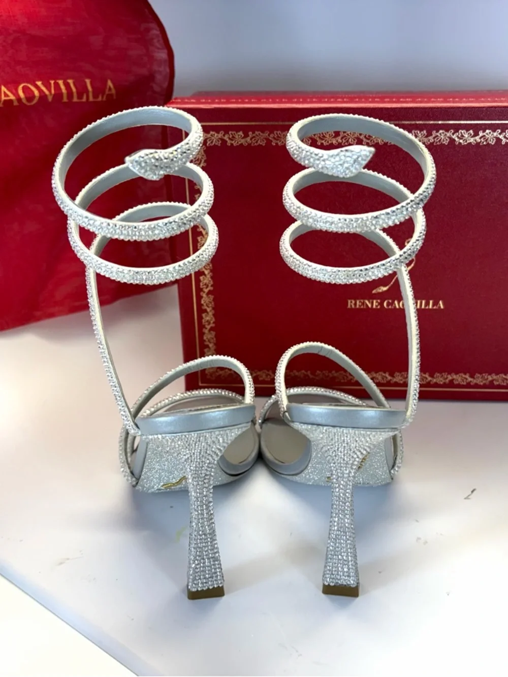 New in Box Rene Caovilla Silver Crystal Spiral Wrap Open Toed High-Heels - Picture 5 of 8